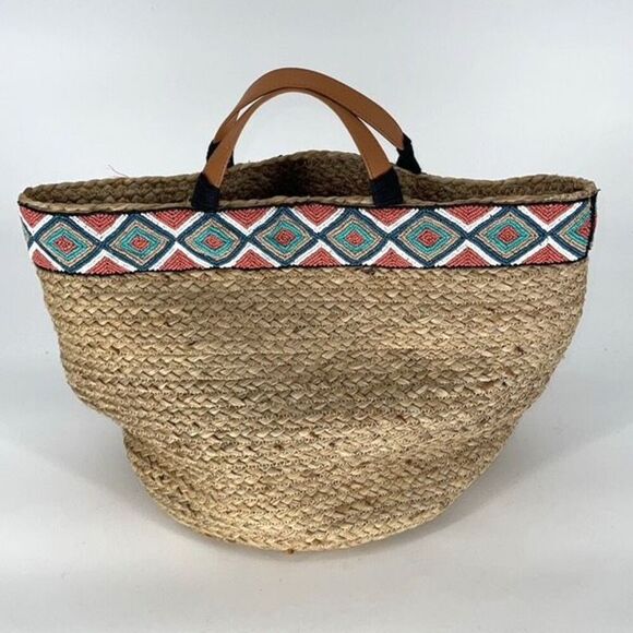 Anthropologie Beaded Tanzana Jute Bag Tote Basket Large - Picture 4 of 8